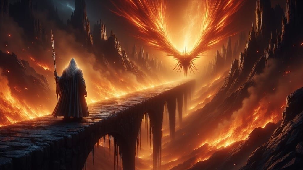 Wizard Confronts Balrog on Bridge in Fiery Clash