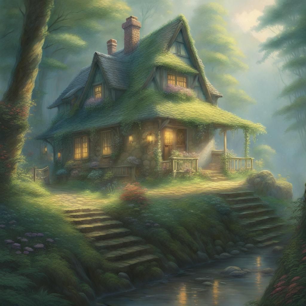 Ethereal Forest Cottage: Fantasy Oil Painting