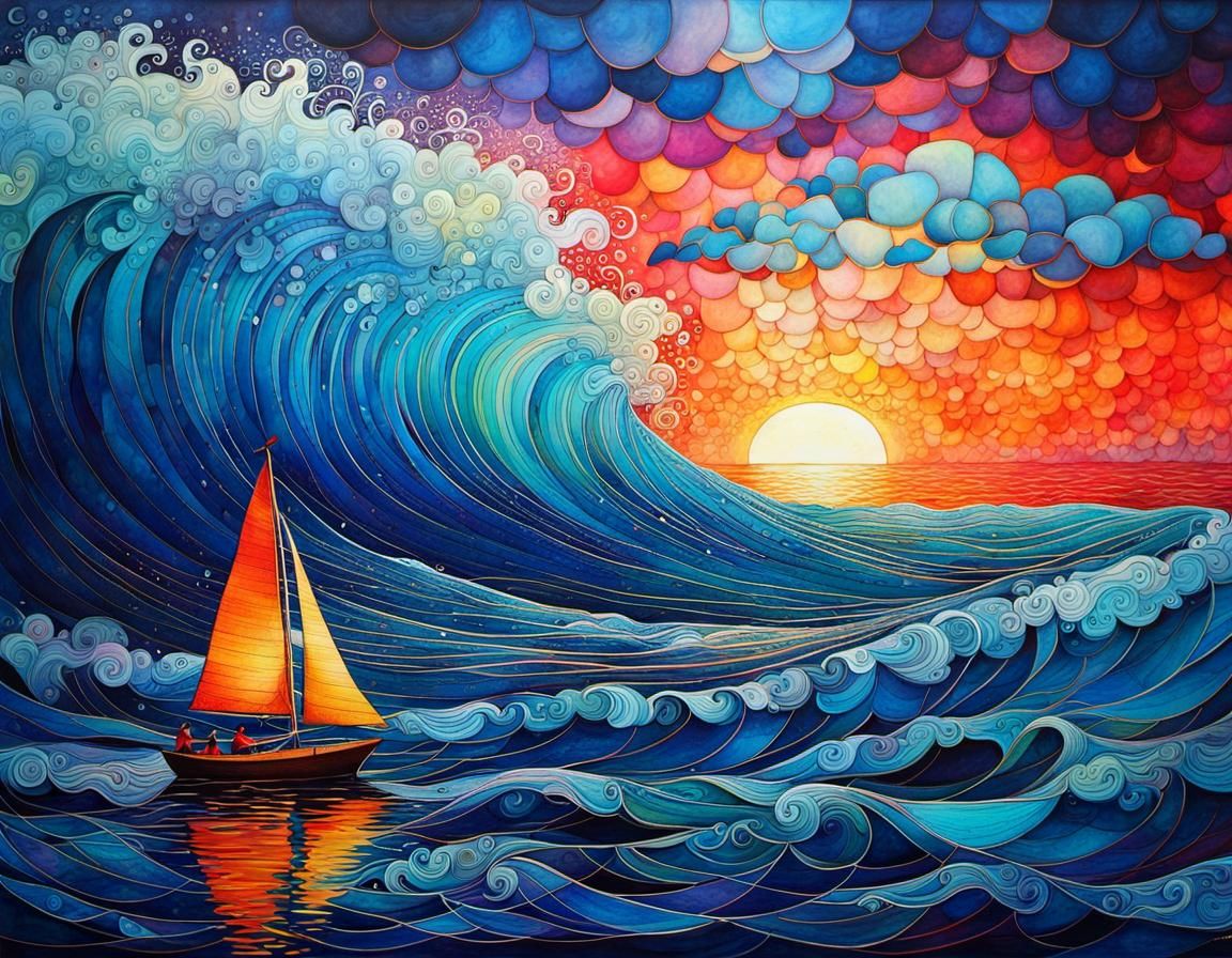 Surreal Ocean Waves at Sunset: Whimsical Illustration