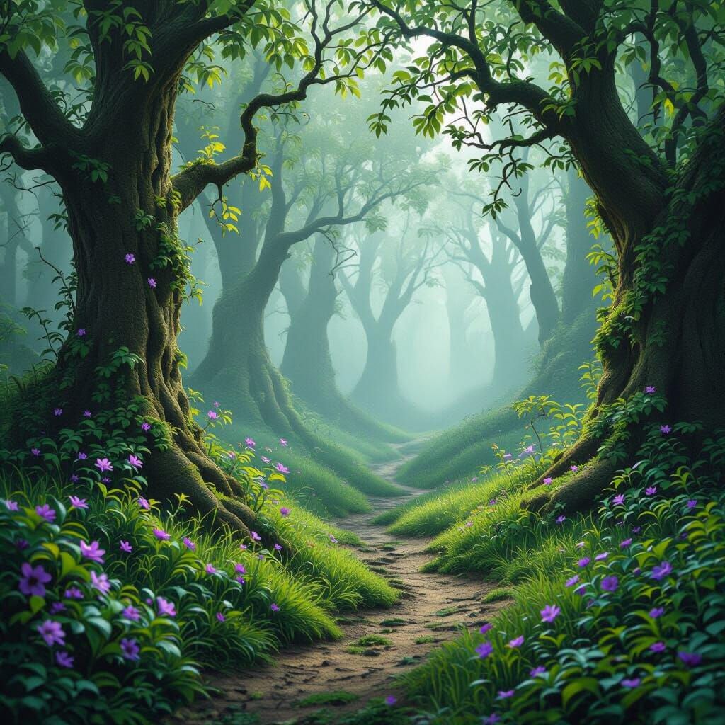 Enchanted Forest with Emerald Foliage in Digital Painting