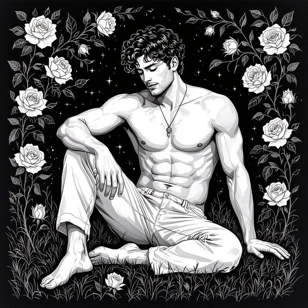 Black and White Drawing of Barefoot Males in Nature