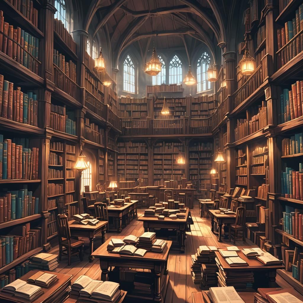 Hogwarts Library with Piles of Books in Anime Style
