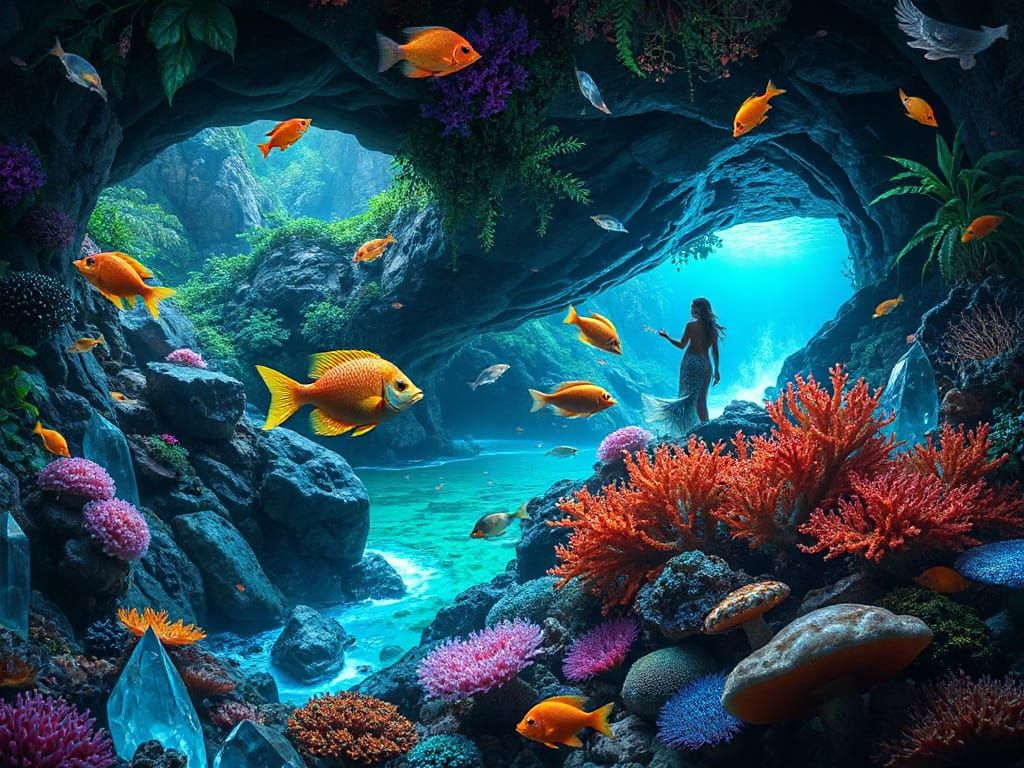 Hyper-Realistic Fish and Coral Scene in a Lush Jungle Canopy