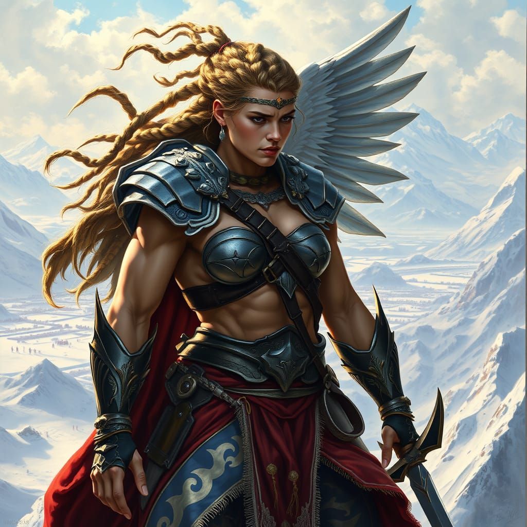 Valkyrie Warrior on Snowy Mountain, Fantasy Art