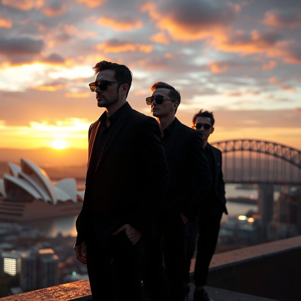 Men in Black Stand Watchful in Futuristic Sydney