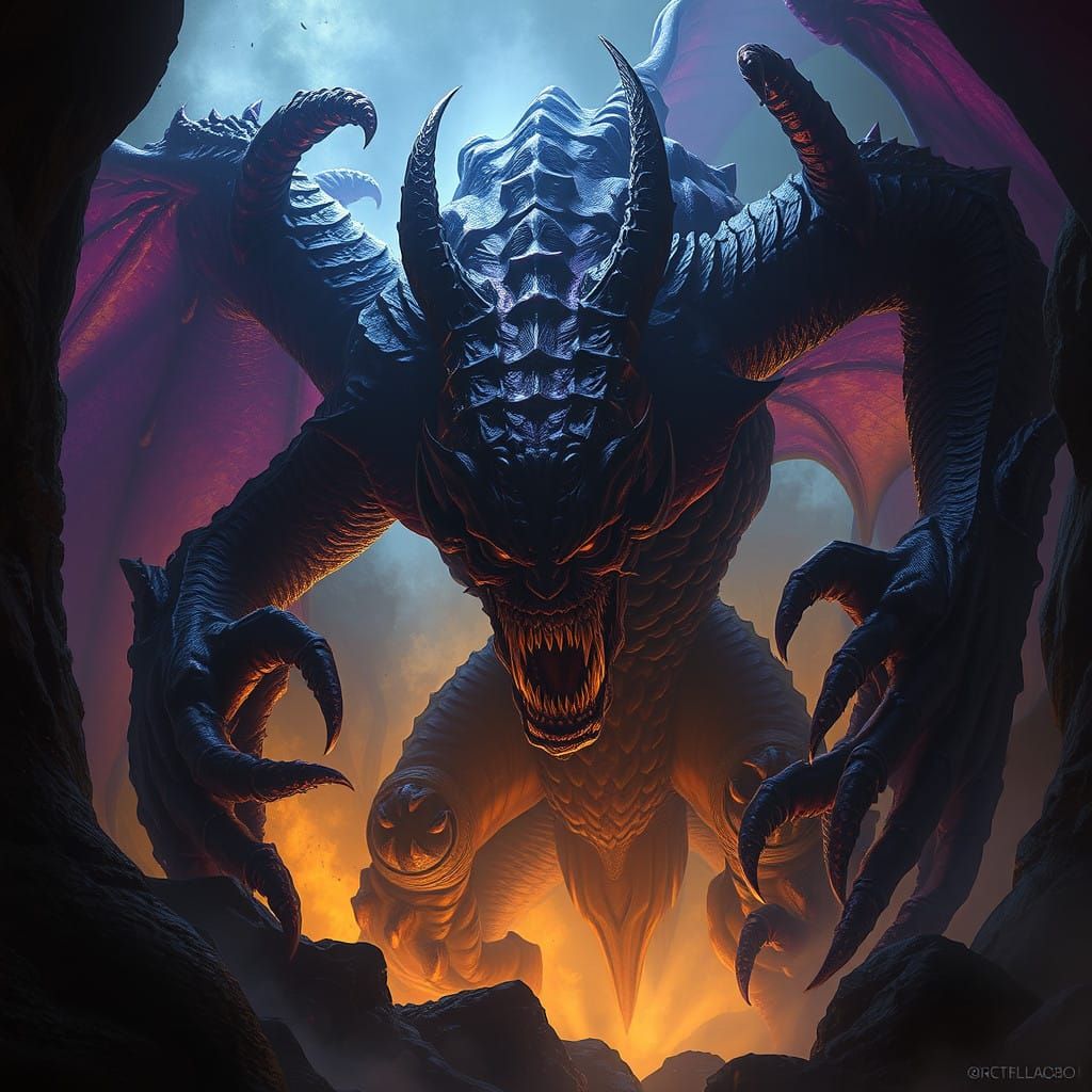 Dark Fantasy Creature Emerge from Shadows in Cyberpunk Art