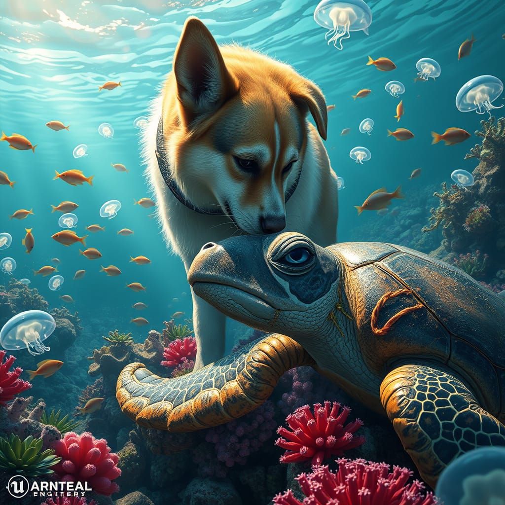 Enchanted Underwater Realm with Canine and Sea Turtle