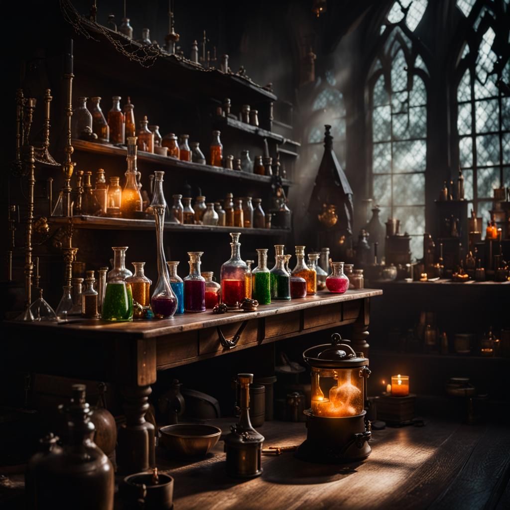 Mystical Sorcerer's Laboratory with Bubbling Potions