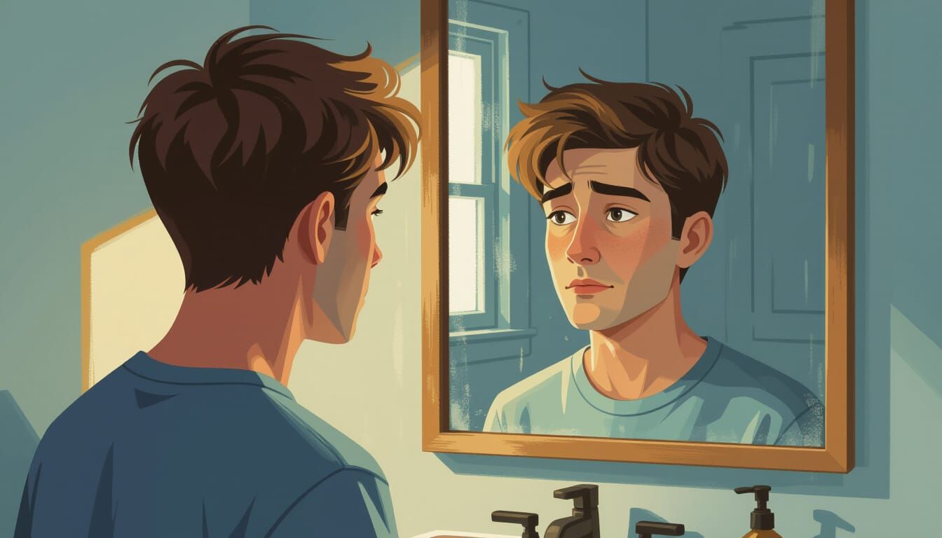 Man's Reflection Shows Sadness in Soft Light