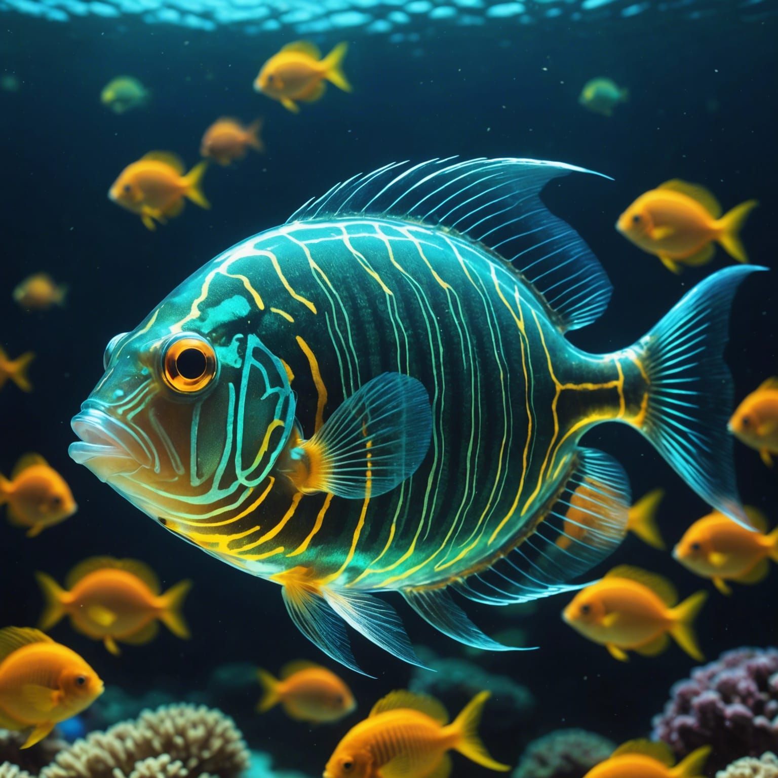 Glowing Glass Fish in Underwater Fantasy
