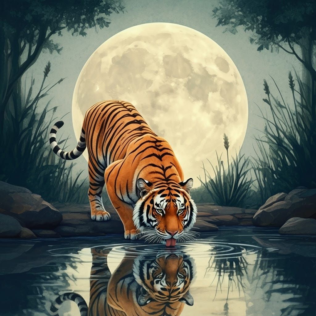 Tiger Drinking Under Moonlight in Watercolor Style