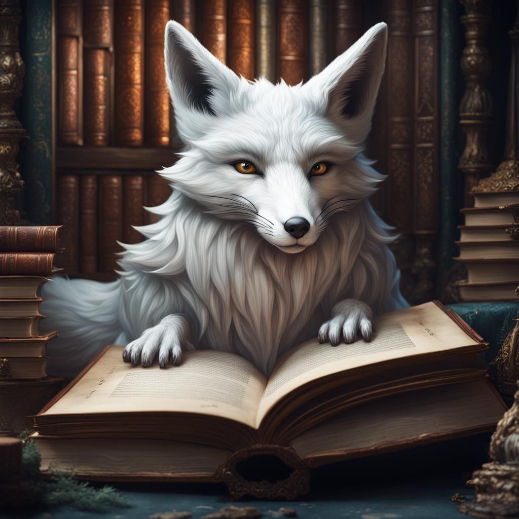 White Fox Hiding in Book: Fantasy Concept Art