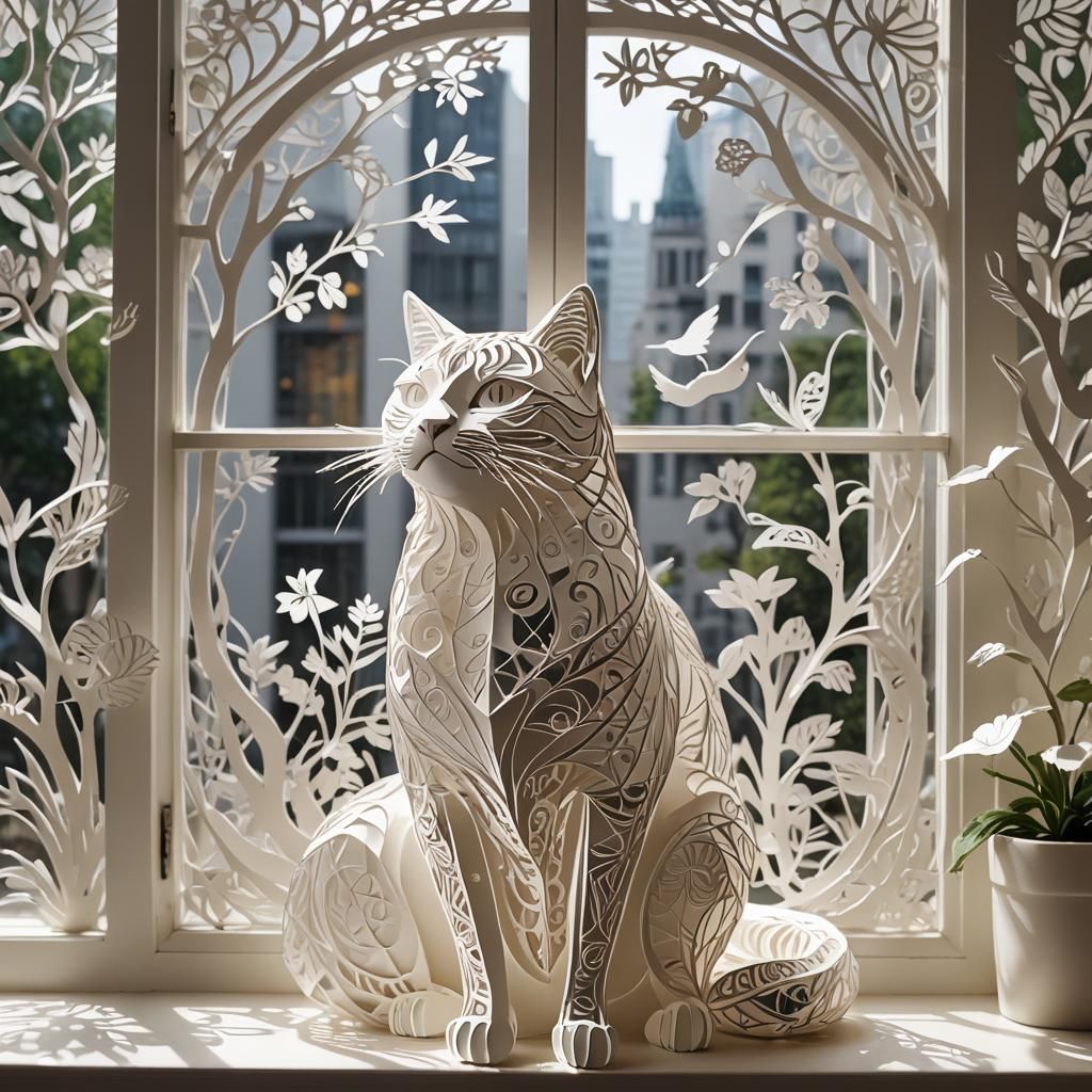 Intricate Kirigami Paper Cat with Bird