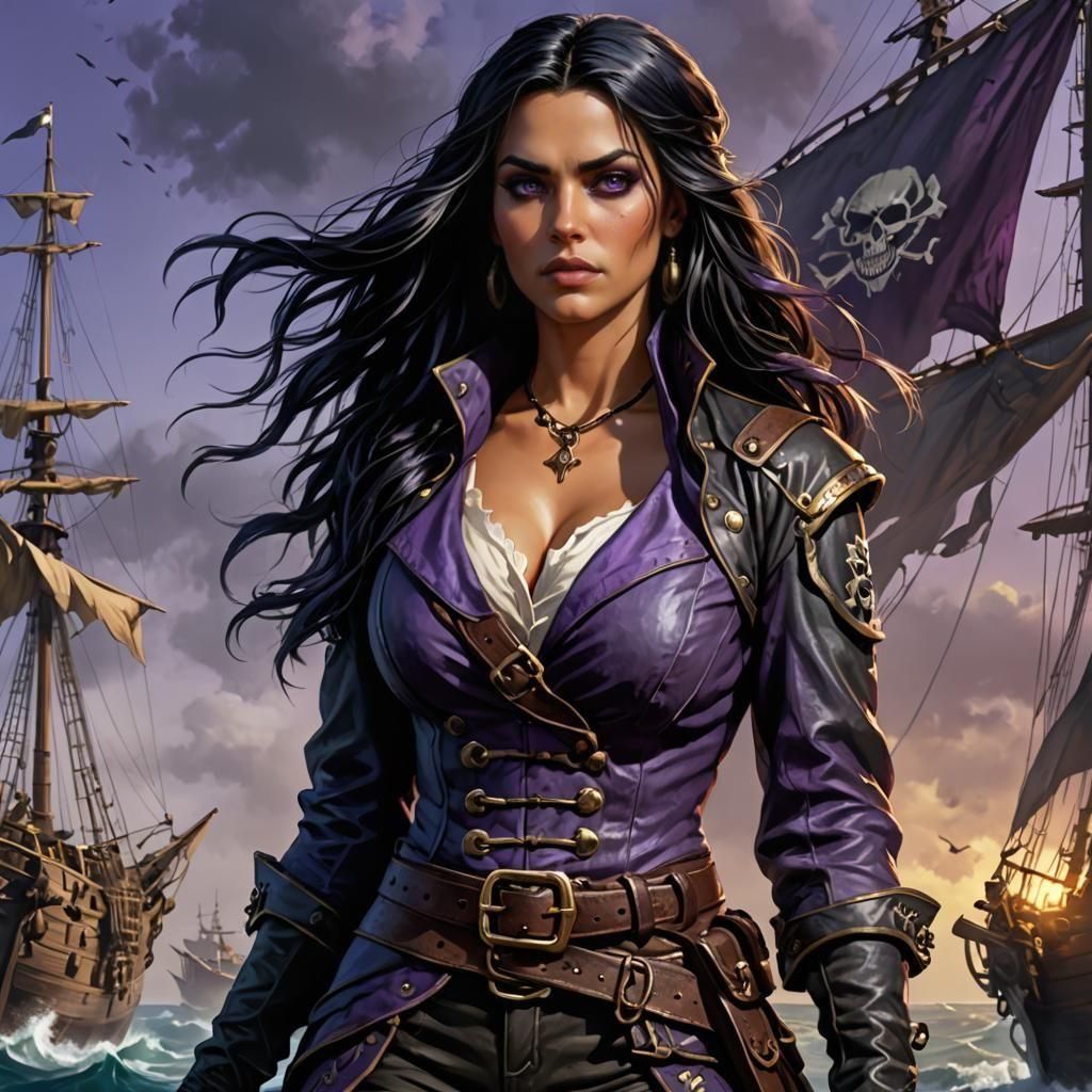 Female Pirate Captain with Purple Eyes, Fantasy Art