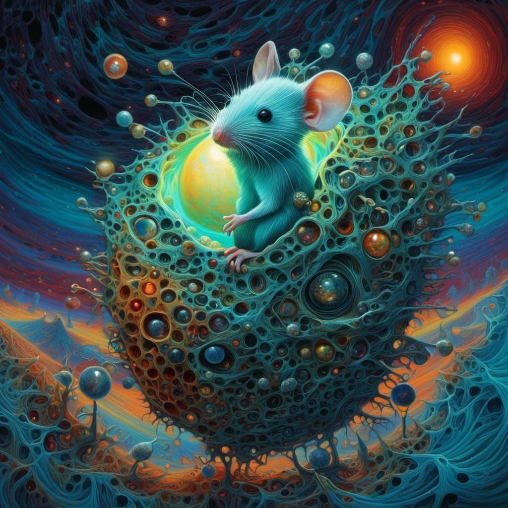 Aqua Chibi Mouse Hatching Planets in Surreal Landscape