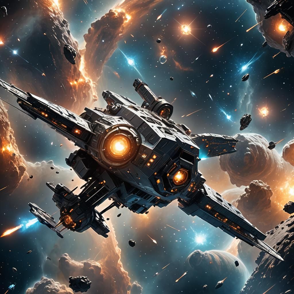 Sci-Fi Spaceship Amidst Celestial Motion, Hubble-esque