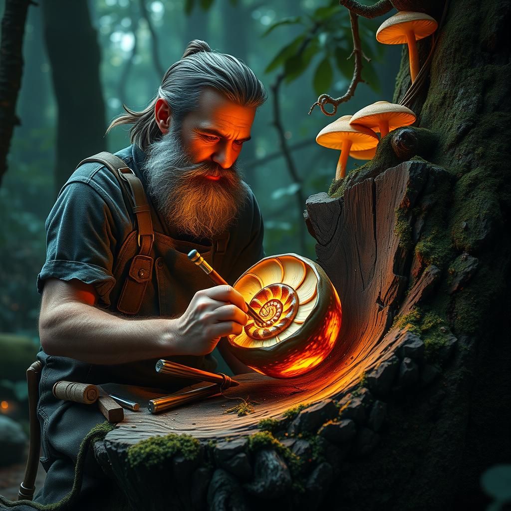 Man Carving A Mollusk Out Of a Tree Stump