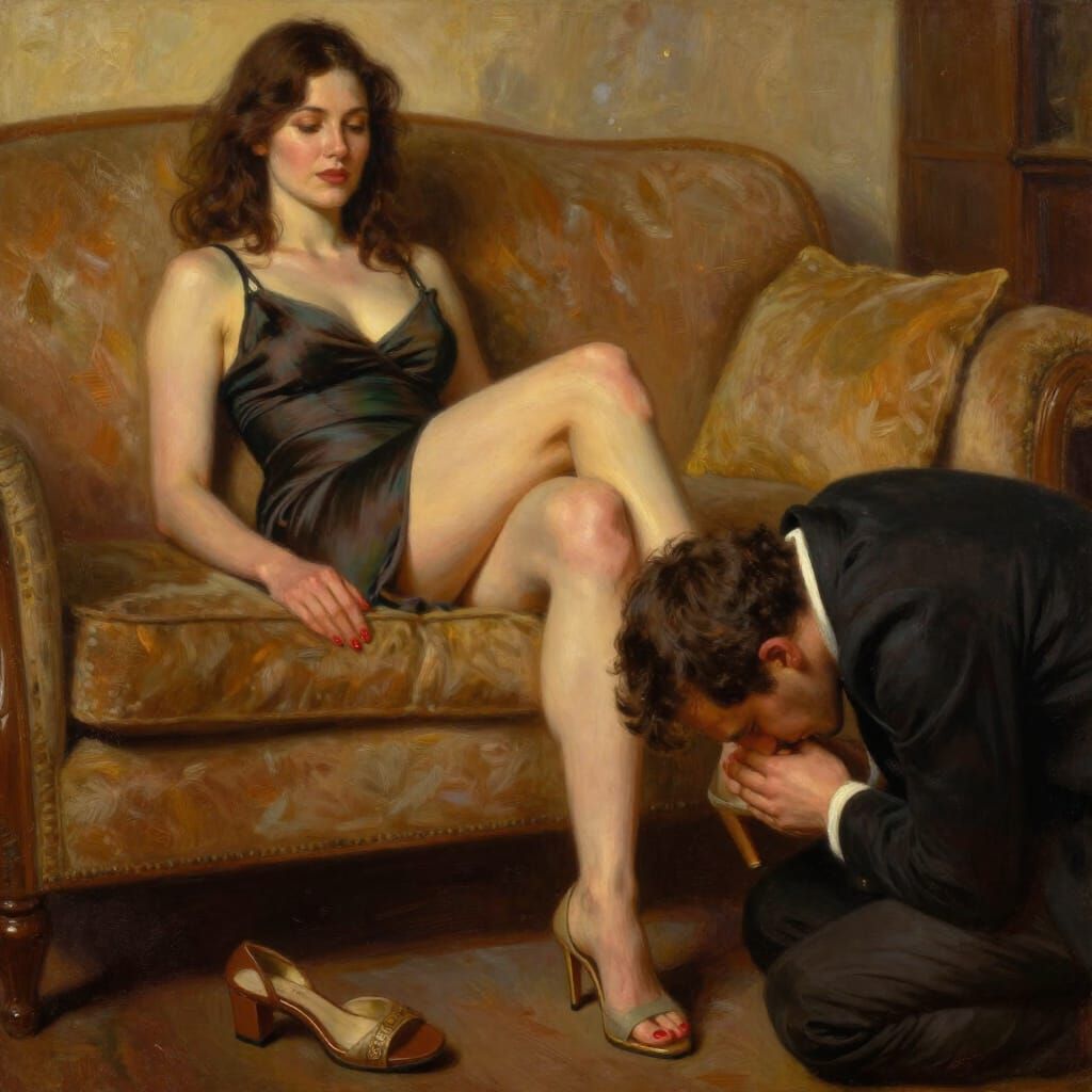 Confident Woman on Sofa with Adoring Companion