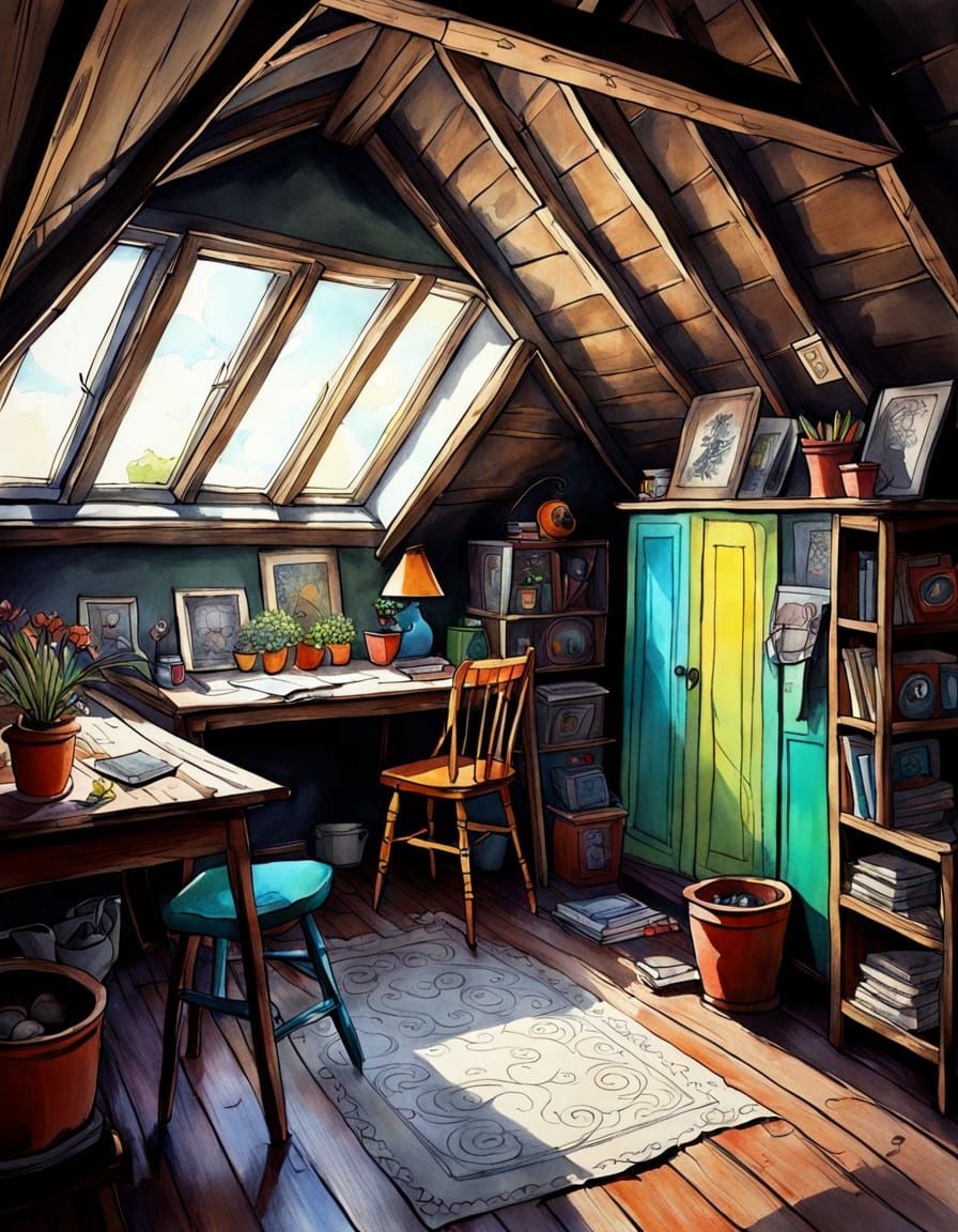Whimsical Attic Room in Ink and Wash Style