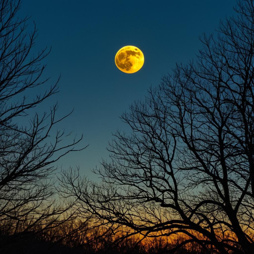 Crescent Moon Framed by Autumn Branches