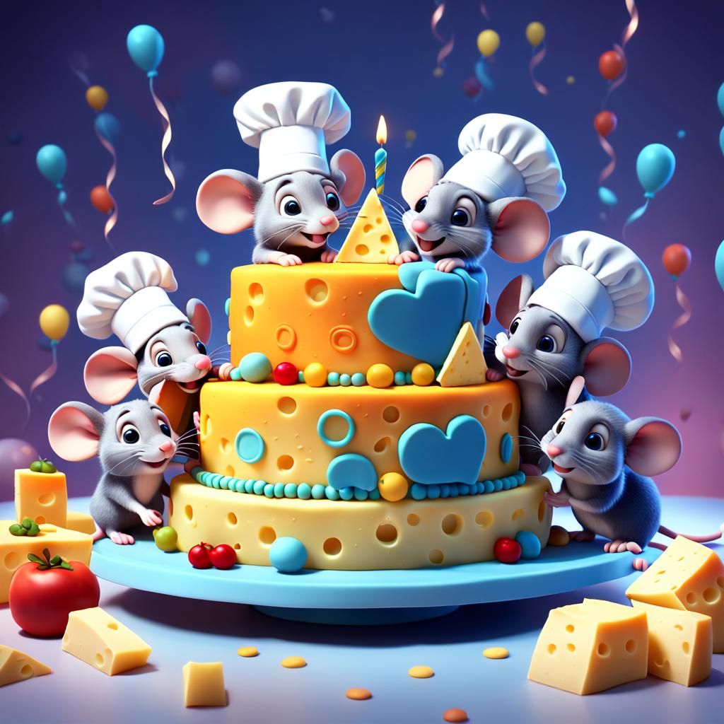 Cheese Birthday Cake with Mice Chefs in 3D Style