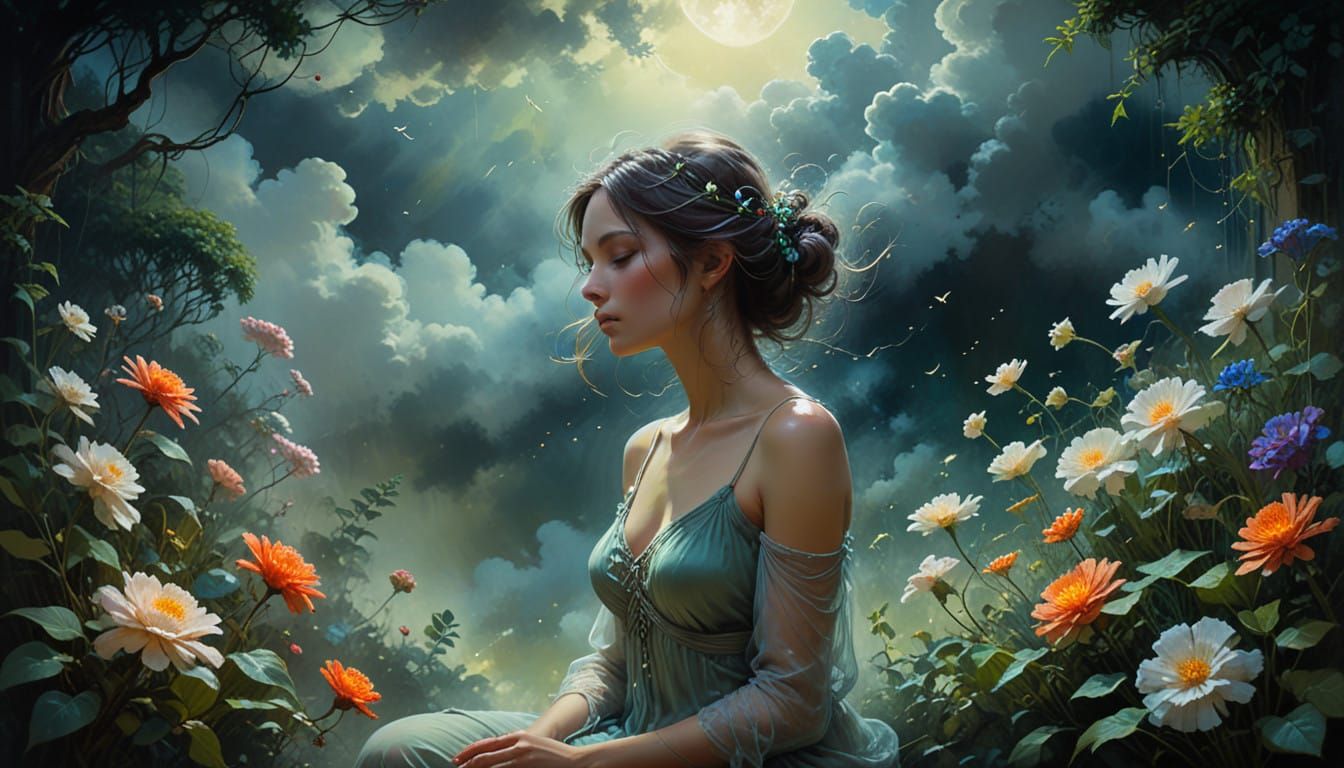 Ethereal Woman in a Dreamlike Garden at Night