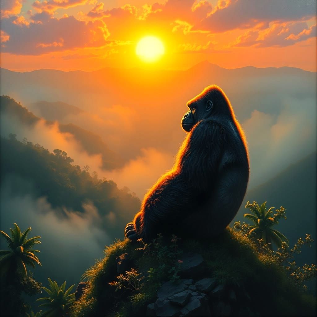 Gorilla Watching Sunrise Over Misty Jungle