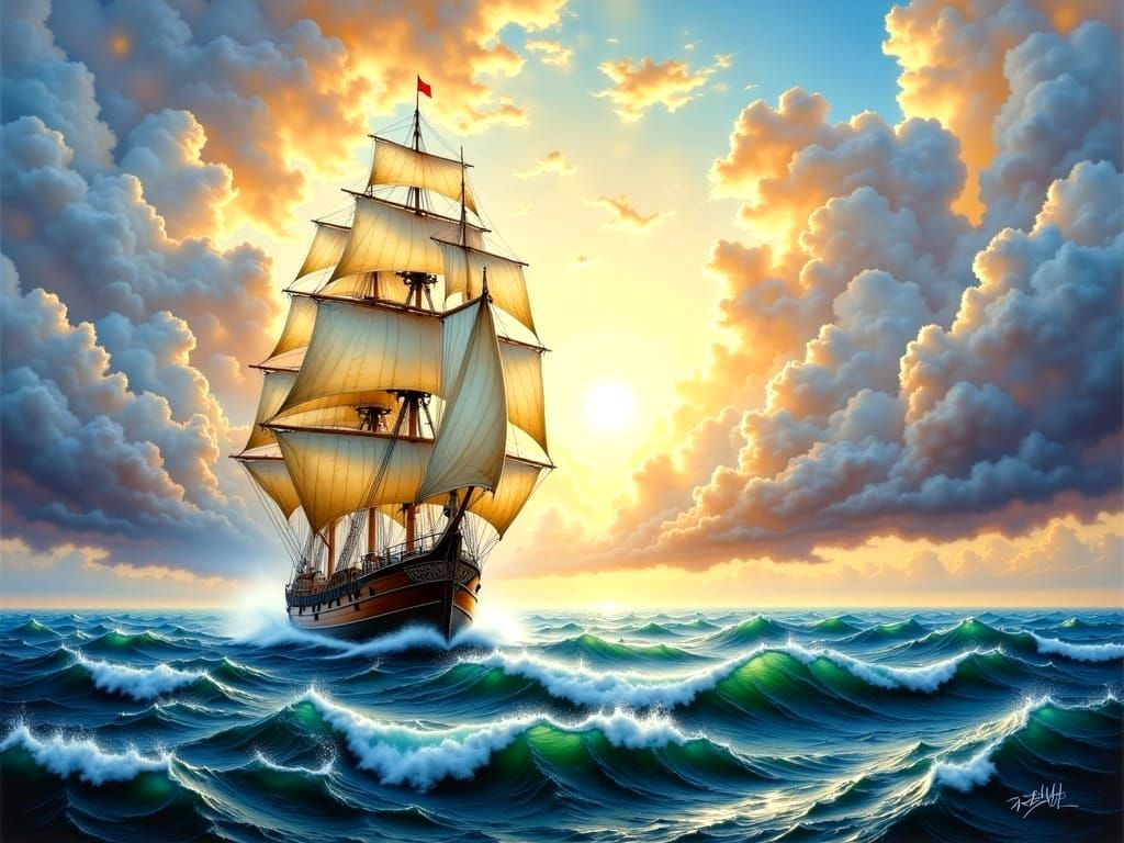 Epic Seascape with Sailing Ship in Oil Painting Style