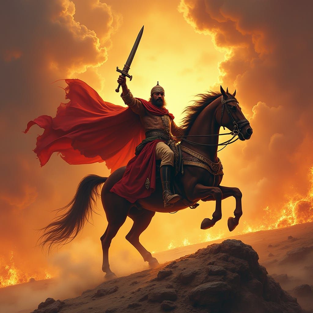Muslim Warrior King on Fiery Battlefield