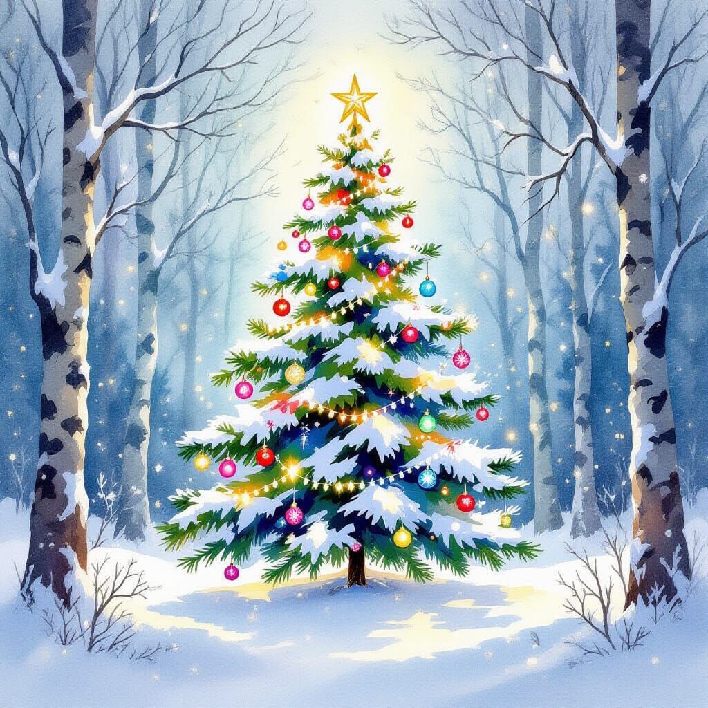 Whimsical Watercolor Christmas Tree in Enchanted Forest