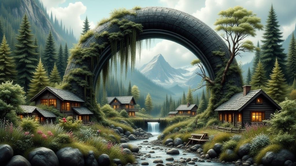 Miniature Mountain Village Diorama in Tire Archway