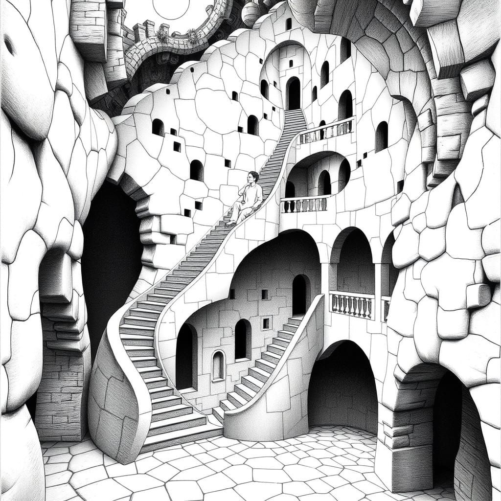 Escher-Inspired Maze with Psychedelic Black and White Archit...