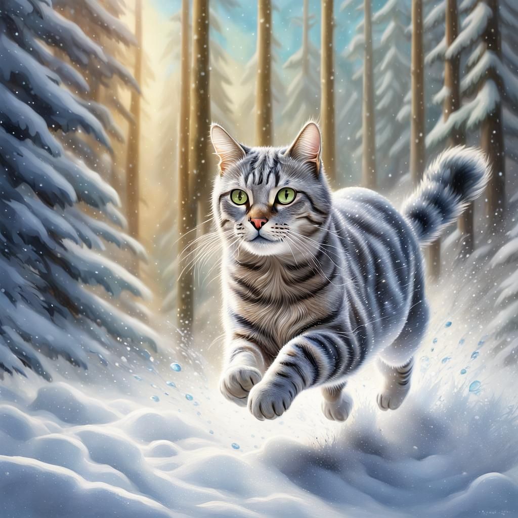 Grey Tabby Cat Running in Snowy Forest