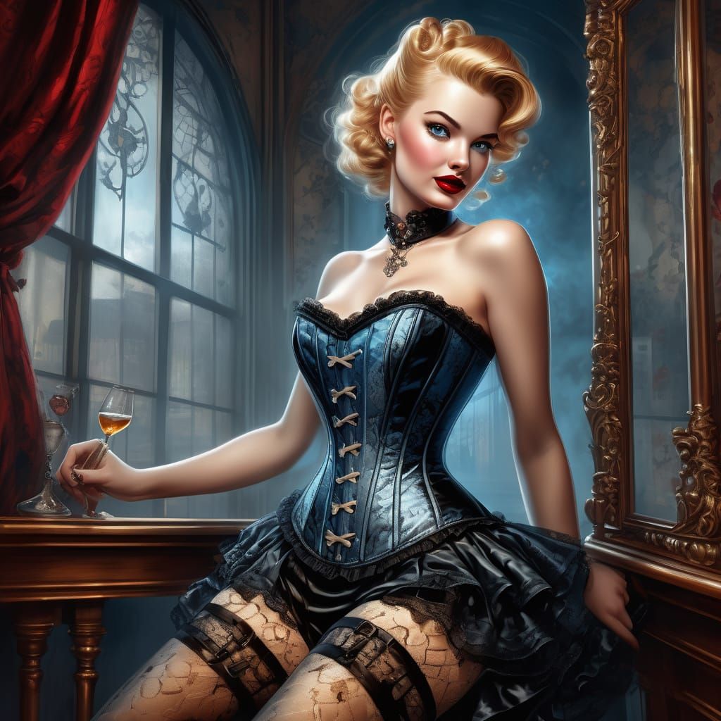 1940s Pin-Up Woman Poses in Lace Corset