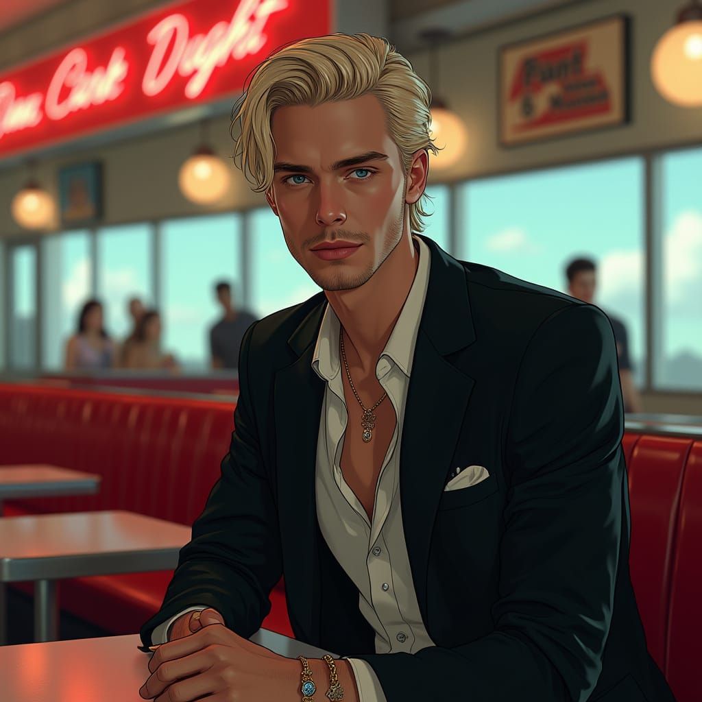 Hyperrealistic Diner Portrait with Neon Lighting