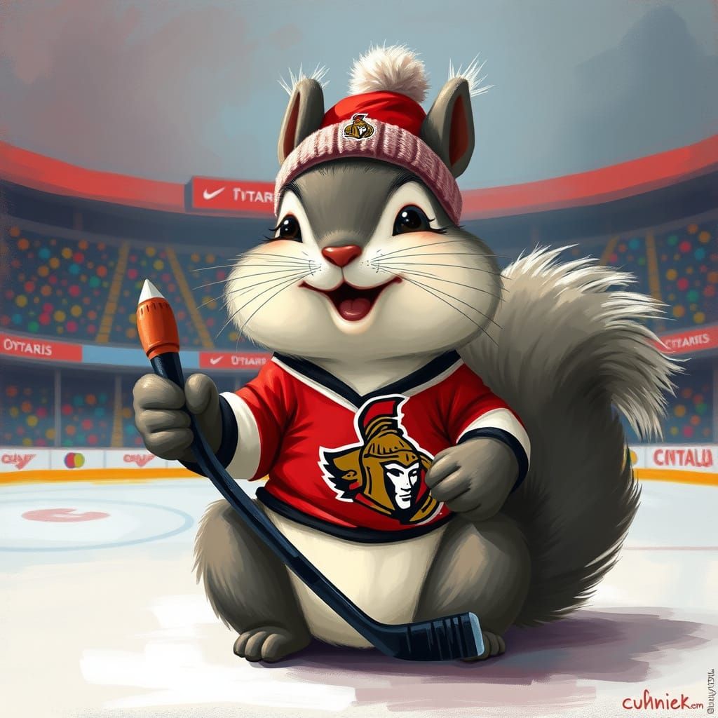 Squirrel Cheers on Ottawa Senators in Whimsical Hockey Gear