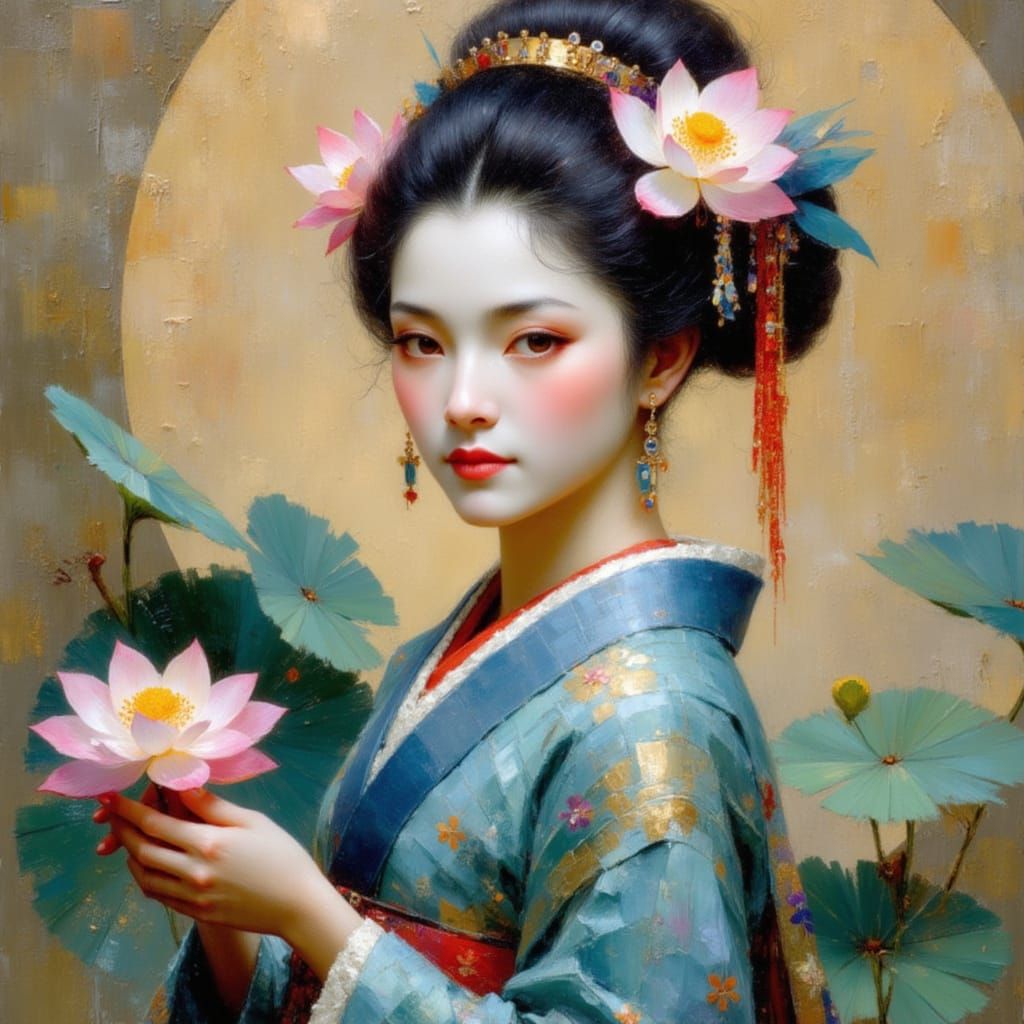 Geisha with Lotus Blossom in Impressionist Style