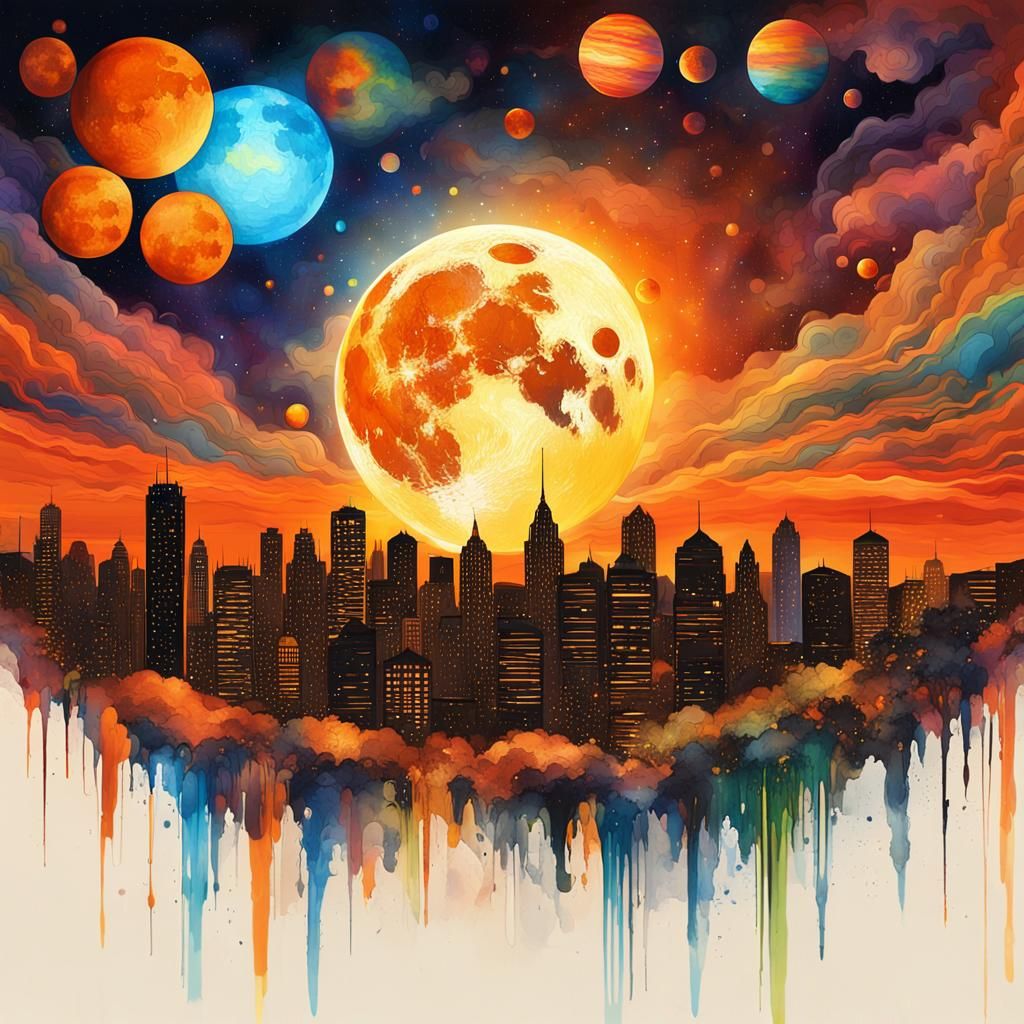 Giant Super Moon Over Glowing City