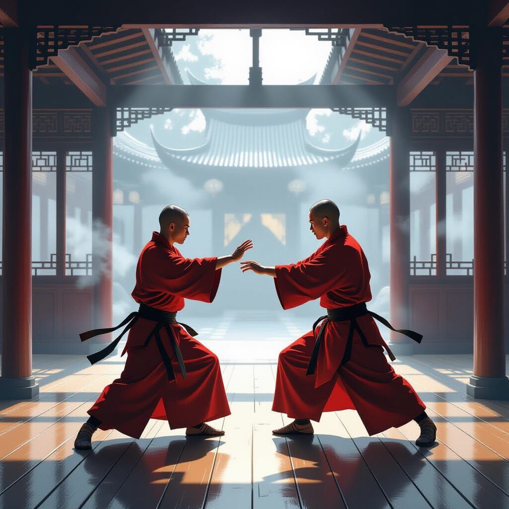 Shaolin Monks Training in Misty Studio: Digital Art
