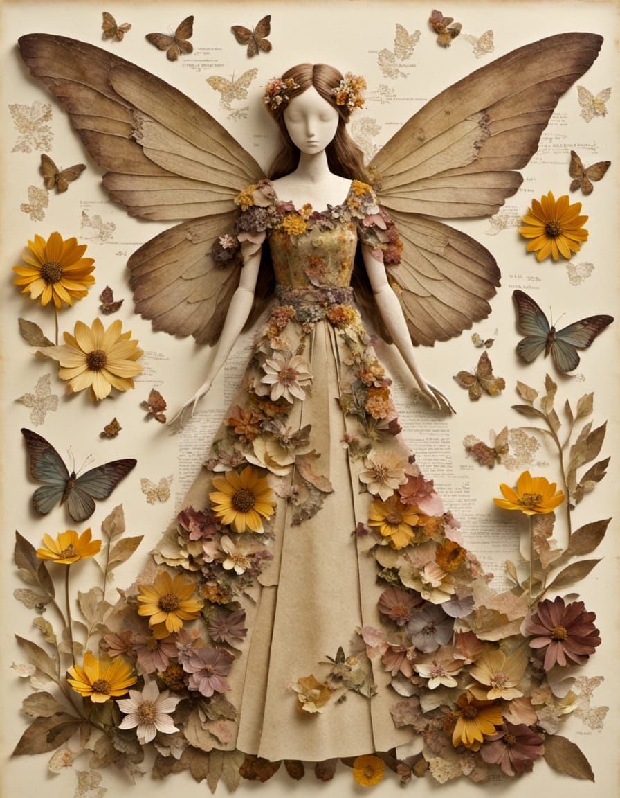 Pressed Flower Fairy Collage on Parchment