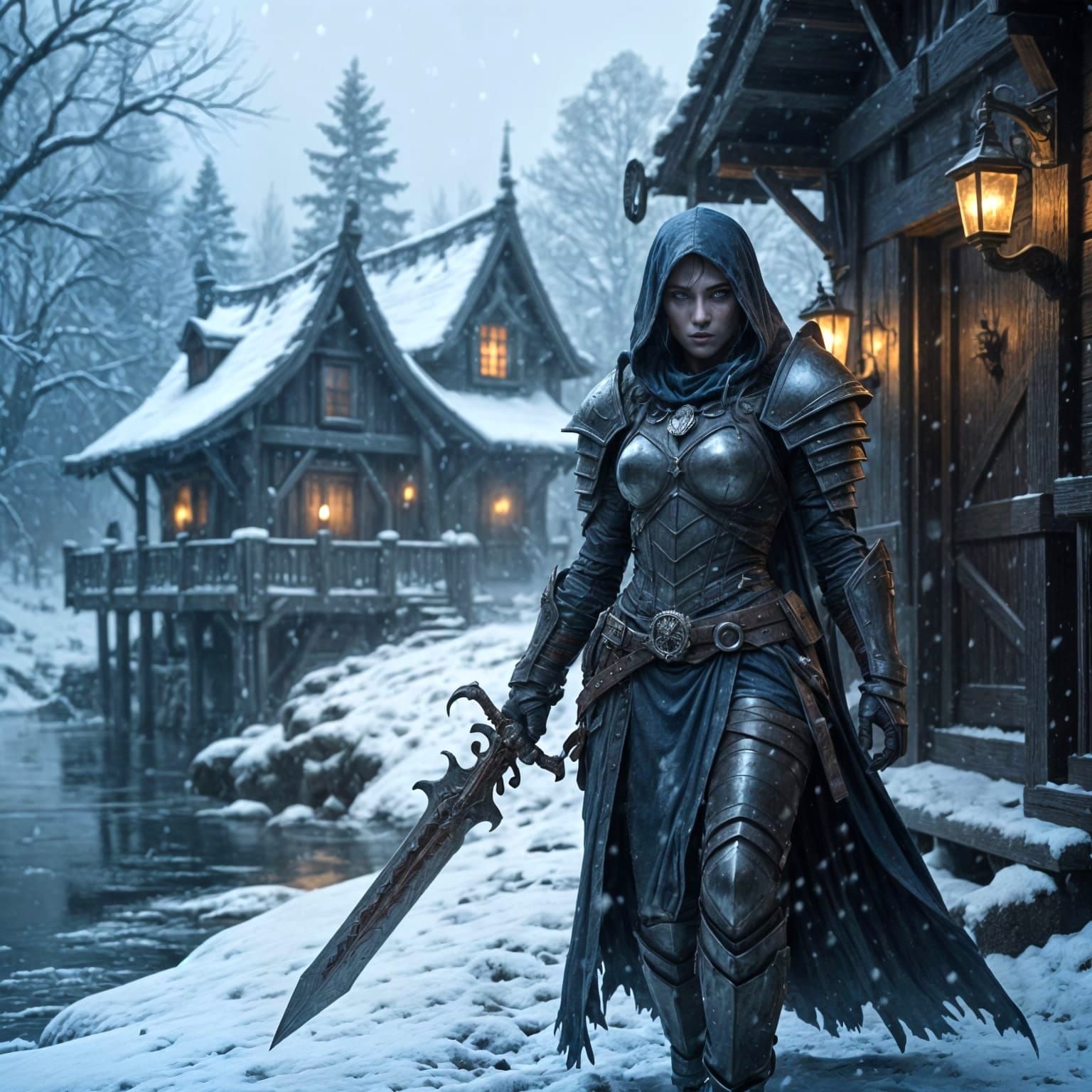 Dark Elf Exits Medieval Tavern in Snowstorm