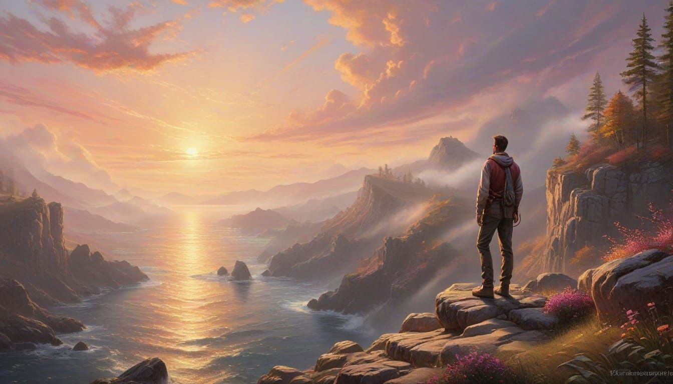 Soothing Sunrise on Rocky Cliffside: A Thomas Kinkade-Inspir...