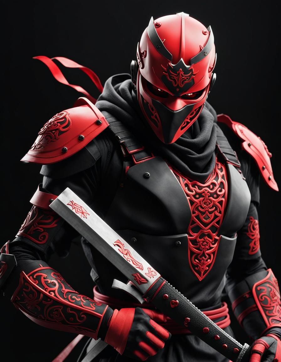Intricate Ninja Illustration in Red, White and Black