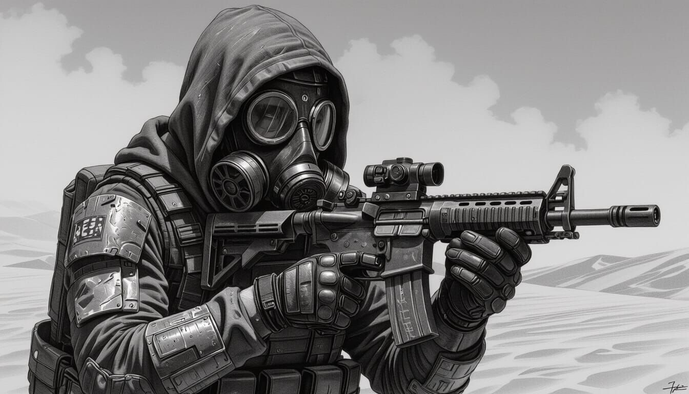 Sci-Fi Soldier in Gas Mask: Black and White Sketch
