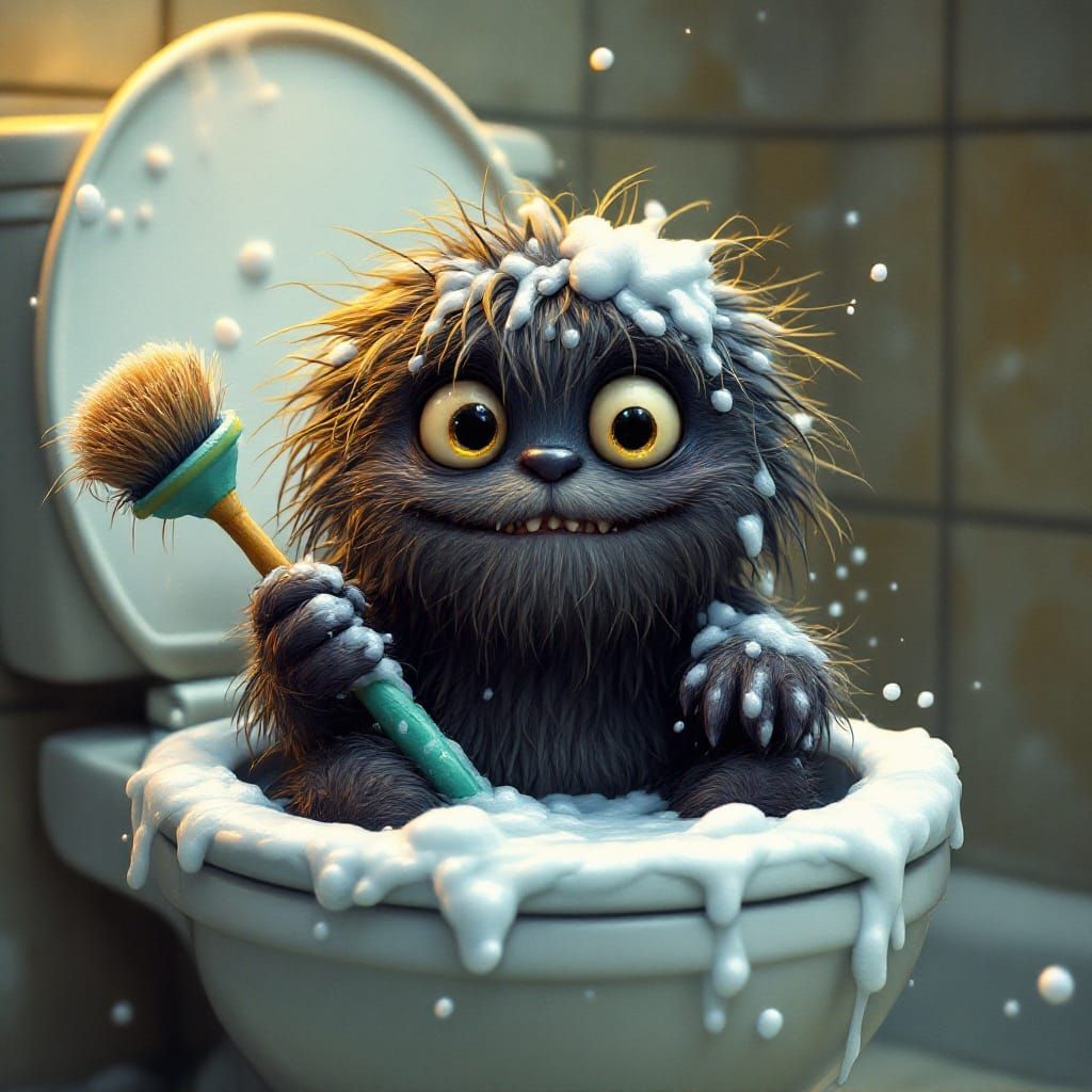Whimsical Monster Scrubs Its Fur in a Vibrant Cartoon Toilet...