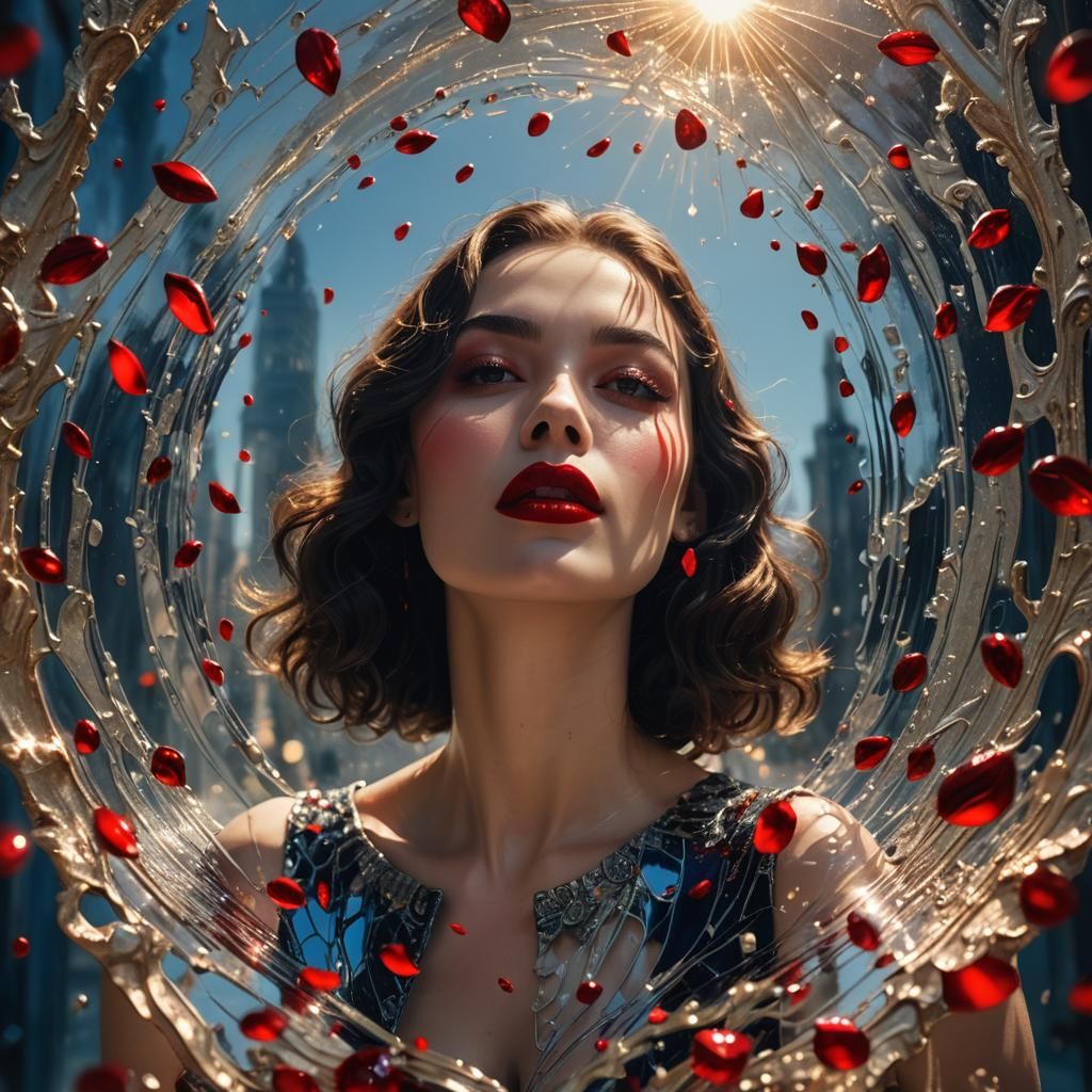 Red Lips Dance on a Glossy Glass Surface