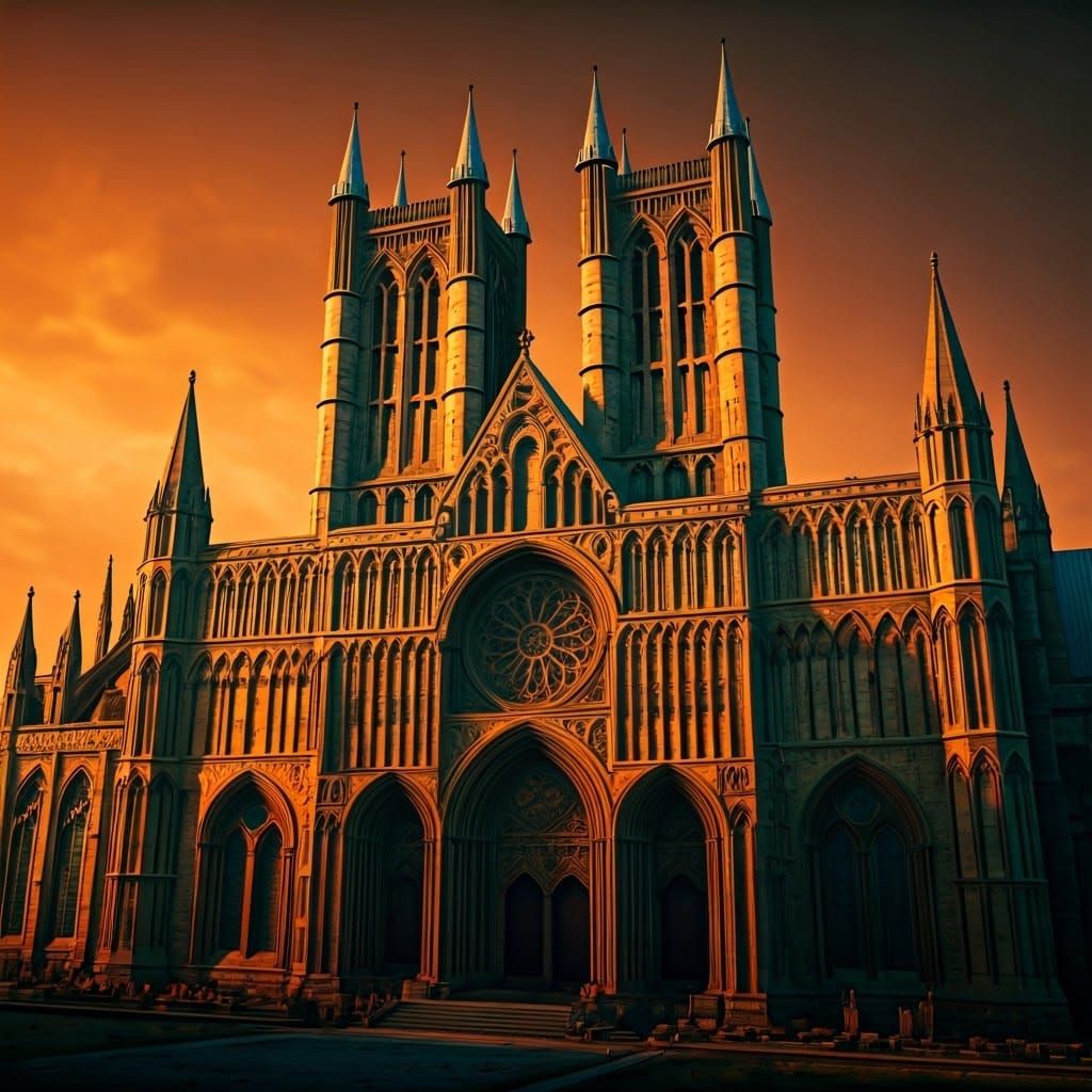 Surreal Gothic Cathedral in Vibrant Orange and Teal