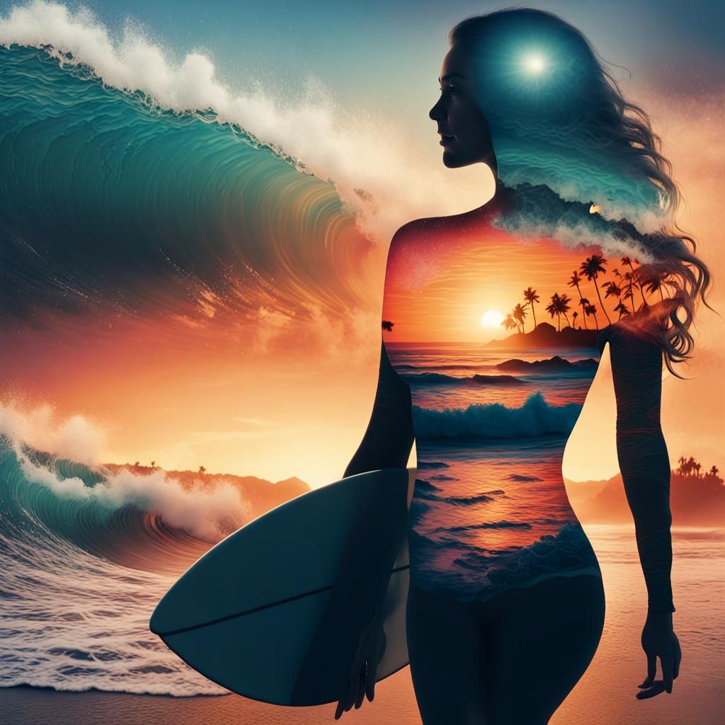 Surfer Silhouette Double Exposure Beach Sunset Art