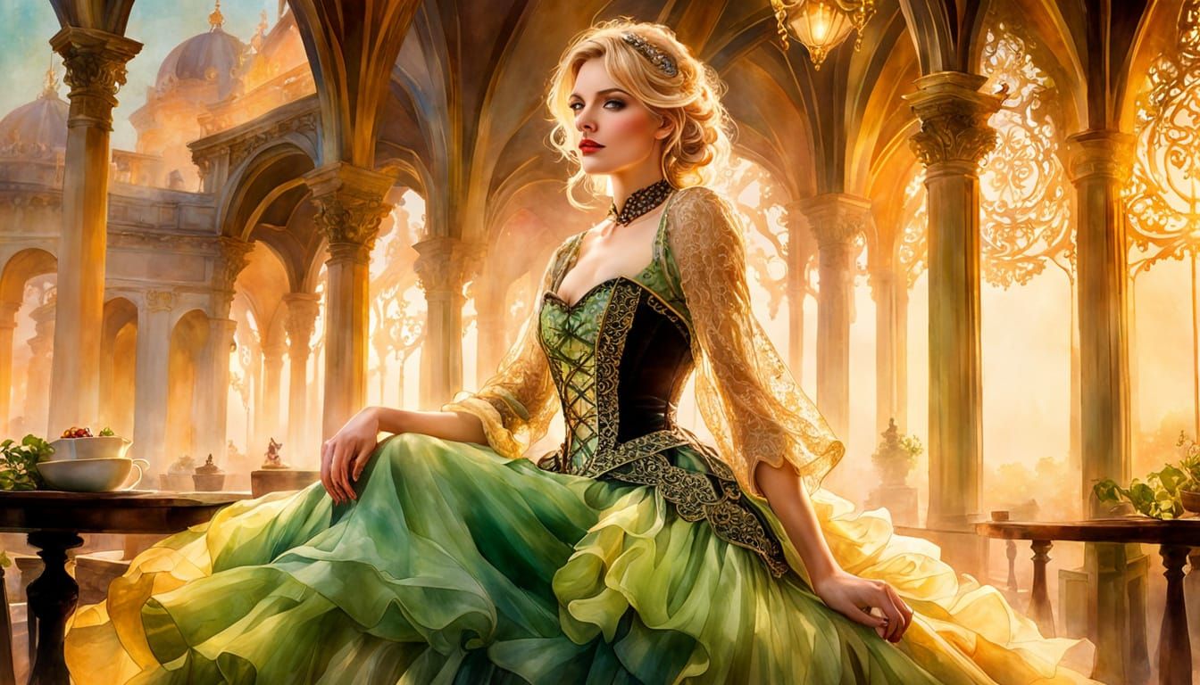 Young Blonde Woman in Baroque Corset at Parisian Cafe