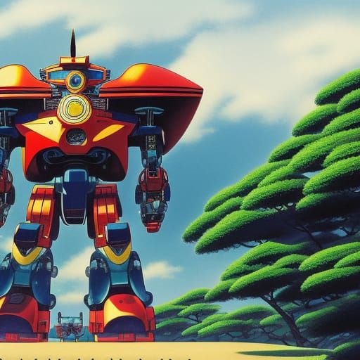 Mecha Robot Flies Over Kyoto in Anime Style